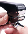 Heavy Duty Handheld Slot Punch for PVC ID Cards and Badges, adjustable card depth, all metal puncher showing 0.59x0.16 inch hole creation