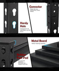 Detailed features of Hella Sturdy Five Tier Metal Shelving Unit Premium Heavy Duty Storage Rack, showcasing connectors, metal board, and rubber foot pad.