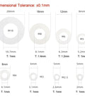 Nylon Flat Washer Set With Eight Sizes M2 M2.5 M3 M4 M5 M6 M8 M10 showing dimensions and thickness in mm