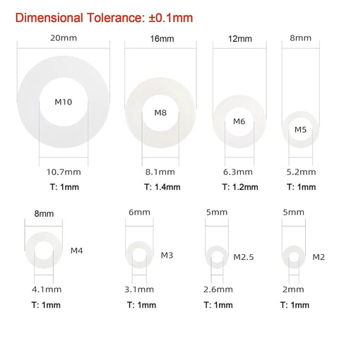 Nylon Flat Washer Set With Eight Sizes M2 M2.5 M3 M4 M5 M6 M8 M10 showing dimensions and thickness in mm