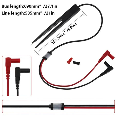 All In One SMD SMT Test Clip Leads for Digital Multimeters Probe Tweezers with Gold Plated Connectors shown with cable length
