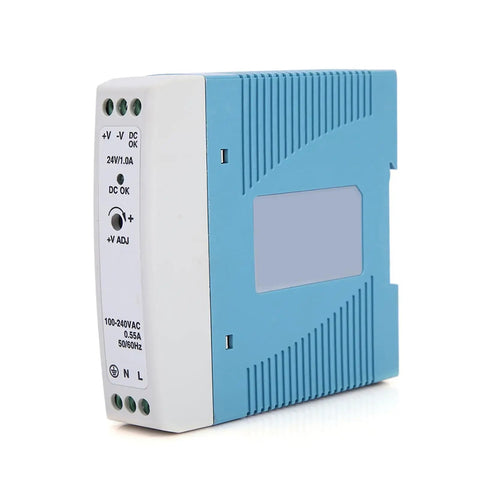 Rugged 24V DC Power Supply For Industrial Control, 1A Output, 24W, Wide Input 85VAC To 264VAC, DIN rail mount, side view