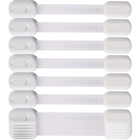 12 Pack Multi Use Adhesive Strap Locks For Baby Proofing Cabinets Drawers Fridge Dishwasher Toilet Seat Cupboard Oven And Trash Can No Drilling Easy Install Kid Safe, shown in white with adjustable straps.