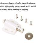 Magnetic Touch Latch 4 Pack For Push Open Cabinet Doors And RV Drawers, shown with mounting screws and strike plate, ivory white