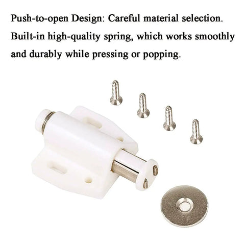 Magnetic Touch Latch 4 Pack For Push Open Cabinet Doors And RV Drawers, shown with mounting screws and strike plate, ivory white