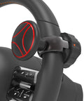 Tool Free Steering Wheel Knob For 3.45 To 4.9 Inch Steering Wheels, Easy On Off Spinner For Cars Trucks Mowers Tractors Boats With No Screws Or Tools Needed Red Metal Bearing installed on a black steering wheel.