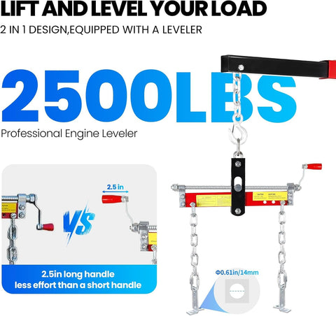 Built Tough Folding Engine Hoist With Quick Adjust Leveler And Rock Solid 6400 Lbs Alloy Steel Capacity Pro Shop Ready Essential For No Sweat Automotive Repair Jobs, showing a 2500 lbs engine leveler.