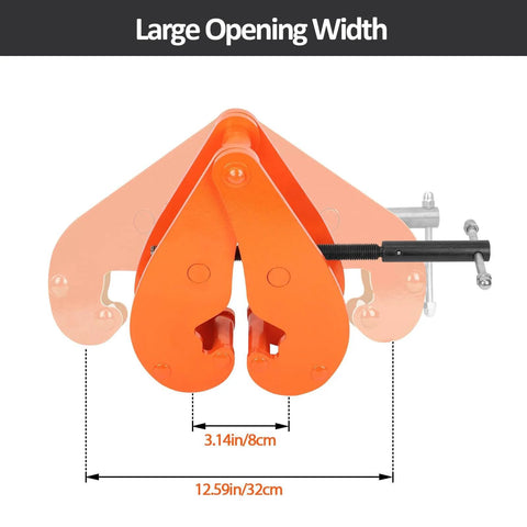Heavy Duty Vertical I Beam Lifting Clamp With 11,000 Lbs Capacity, showing adjustable 3.14 to 12.59 inch opening, orange steel.