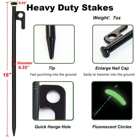 Heavy Duty Tent Stake Set 20 Pcs 16 Inch Forged Steel Stakes 0.35 Inch Diameter, details with tip, hole, nail cap, and fluorescent ring.