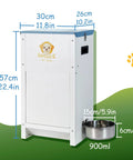 Heavy Duty Automatic Dog Feeder Holds A Ton Of Twenty Five Pounds Of Dry Kibble Rugged Galvanized Steel Outdoor Pet Bowl Station with measurements displayed.