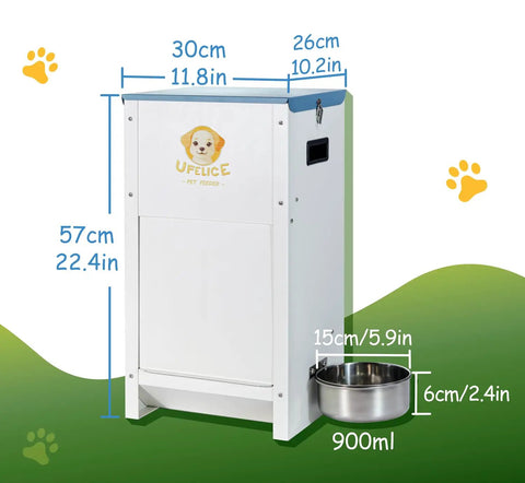 Heavy Duty Automatic Dog Feeder Holds A Ton Of Twenty Five Pounds Of Dry Kibble Rugged Galvanized Steel Outdoor Pet Bowl Station with measurements displayed.