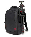 Frontloader M Pro Camera Backpack With Side And Front Access Tripod Mount Padded Interchangeable Dividers Ready To Carry SLR Or Full Frame Gear Quick Access Durable Black showing side tripod attachment.