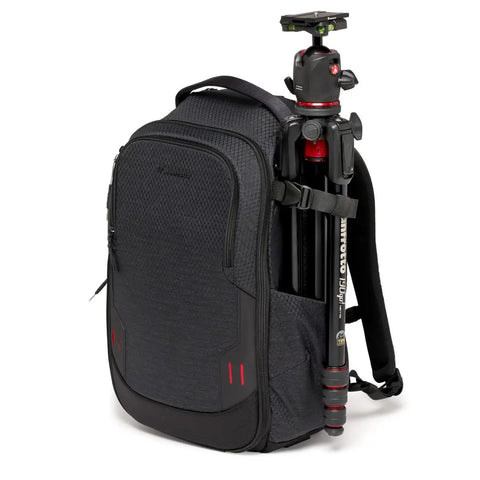 Frontloader M Pro Camera Backpack With Side And Front Access Tripod Mount Padded Interchangeable Dividers Ready To Carry SLR Or Full Frame Gear Quick Access Durable Black showing side tripod attachment.