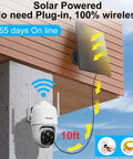 2K PTZ Solar WiFi Security Camera With AI Motion Detection mounted outdoors, solar powered, wire-free, on building corner