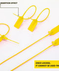 500 Pack Plastic Tamper Seals Zip Ties 250mm Self Locking Security Tags For Fire Extinguishers Bags Luggage Banks Hospitals Trailers And Trucks Yellow, showing yellow tamper seals with locking mechanism.