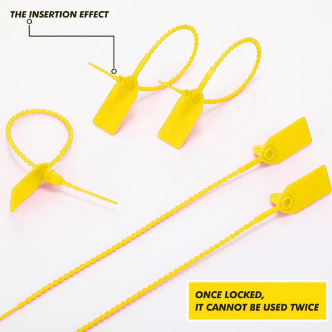 500 Pack Plastic Tamper Seals Zip Ties 250mm Self Locking Security Tags For Fire Extinguishers Bags Luggage Banks Hospitals Trailers And Trucks Yellow, showing yellow tamper seals with locking mechanism.