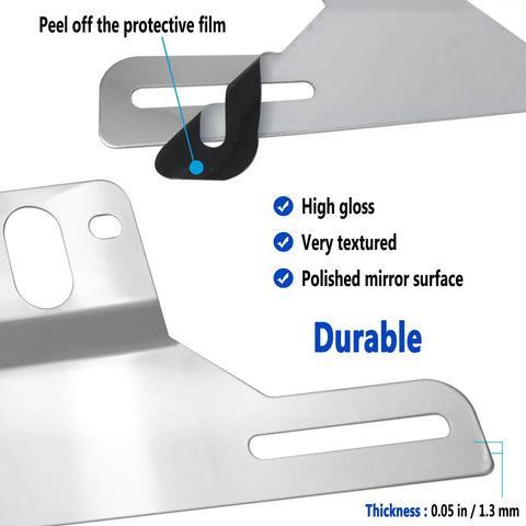 Heavy Duty Stainless Steel Trailer License Plate Bracket for Trucks RVs and Boats, polished chrome, protective film detail