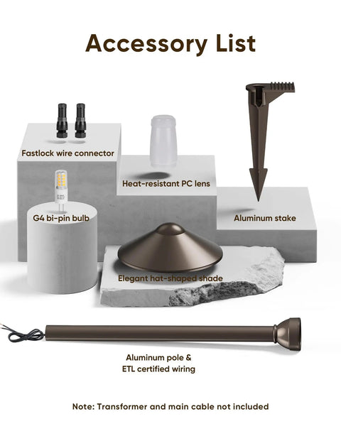 Low Voltage Landscape Lighting 12 Pack Aluminum Pathway Lights With G4 Bulbs Waterproof Oil Rubbed Bronze Round Shade accessory list