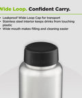 No Sweat Wide Mouth Stainless Steel Water Bottle With Loop Cap 40 Oz Non Insulated BPA Free showing leakproof cap and brushed finish.