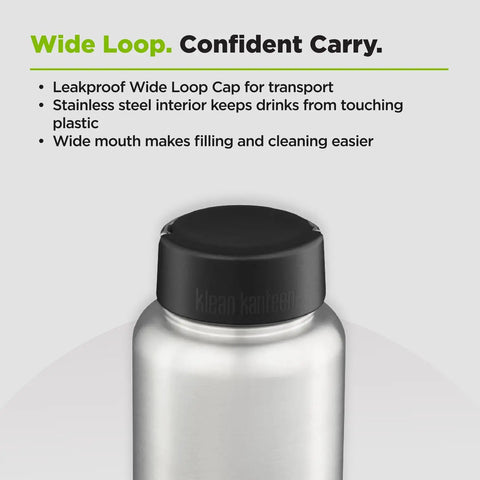 No Sweat Wide Mouth Stainless Steel Water Bottle With Loop Cap 40 Oz Non Insulated BPA Free showing leakproof cap and brushed finish.