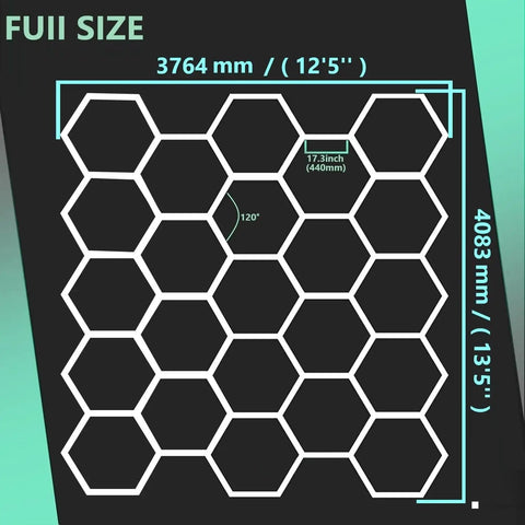 Diagram of Hexagon Led Garage Light for Garage and Workshop Beaming 6500K Daylight with 23 Grid Design dimensions labeled in mm.