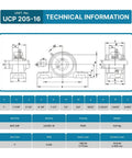 Technical diagram for UCP205-16 Pillow Block Bearing Four Pack, Chrome Steel AISI 52100, 1 Inch Bore, with specifications and dimensions.