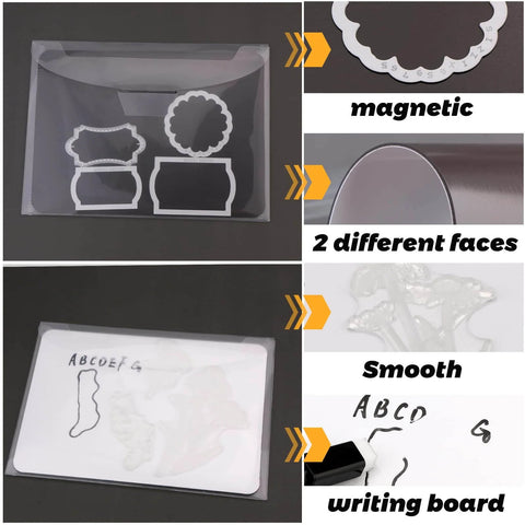 Pro Grade All In One Magnetic Sheets For Stamp And Die Storage, 12 Pack With 6 Magnetic Sheets and 6 Clear Storage Bags details showing magnetic surface and writing board.