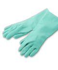 Pair of teal latex gloves for cleaning and chemical protection, laid flat on a white surface, palms facing up.