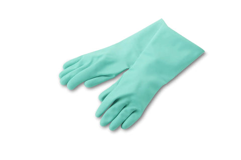 Pair of teal latex gloves for cleaning and chemical protection, laid flat on a white surface, palms facing up.