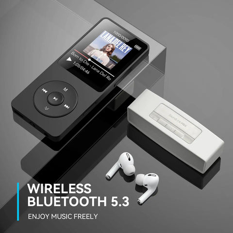 Bluetooth 5.3 MP3 Player With Built In Speaker 1.8 Inch Screen FM Radio Voice Recorder 32GB Internal Storage on glass surface.