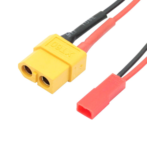 Close-up of XT60 Female To JST Female Connector Adapter Kit 3 Pack With 20 AWG 3 Inch Cable for RC battery charging.