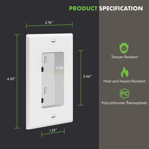 Recessed Duplex Outlet Kit For Wall Mount Tamper Resistant 15A 125V 1 Gang White Finish Slim FlatBack Receptacle 4.48 By 2.76 Inches