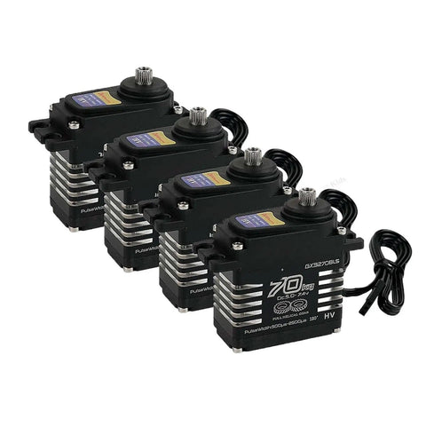 Badass 70kg High Torque RC Servo 4 Pack Rock Solid Metal Gear Brushless Steering Motor showing four units with cables.