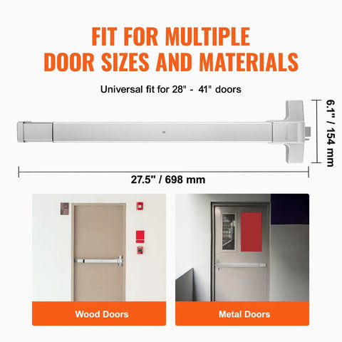 Heavy Duty 28 Inch Stainless Steel Push Bar Panic Exit Device With Exterior Lever And 3 Keys Commercial Emergency Door Hardware For 28 To 41 Inch Metal Or Wood Doors shown on wood and metal doors