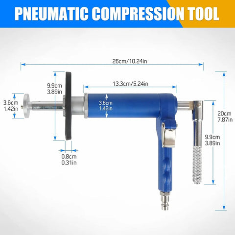 Pneumatic Brake Caliper Piston Wind Back Tool dimensions illustration with 22 adapters, labeled in centimeters and inches.