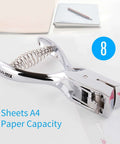 Go-To All Metal Single Hole Puncher With Lever, punches up to eight A4 sheets, oval hole 0.59x0.16 inch, 12mm feed depth, shown on desk