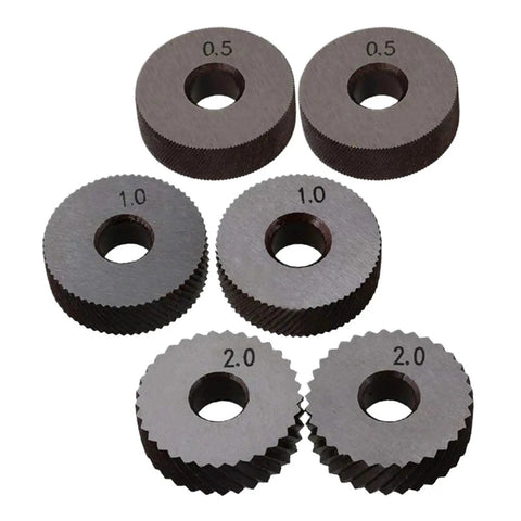 Lathe Knurling Tool Set 7 Piece Double Wheel Kit With 0.5mm 1mm 2mm Wheels For Precision Metalworking And DIY Projects Steel Lathe Kit Wheel Knurling Tool For Real Pros showing three sizes of knurling wheels.
