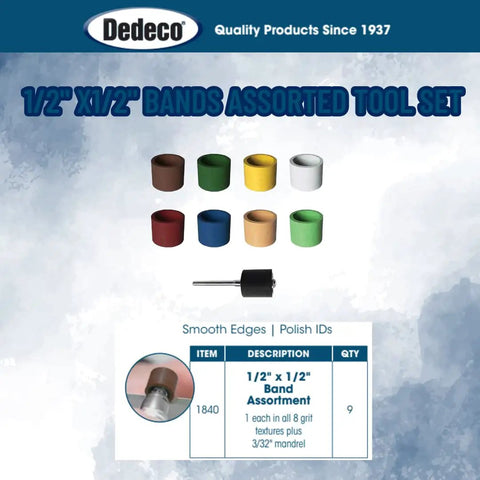 Half Inch By Half Inch Cylinder Sanding Bands Set For Rotary Tools Thermoplastic Construction Includes Assorted Eight Grit Textures And 1835 Mandrel Ideal For Precision Polishing And Finishing On Cylindrical Surfaces 9 Piece shown with band colors and mandrel.