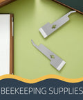 Go-To 2 Pack Stainless Steel Beekeeping Hive Tools Set on green background, includes hive scraper and frame lifter.