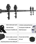 Black Wood Double Sliding Barn Door Hardware Kit With Big Spoke Wheel Rollers, 12Ft Length, adjustable steel track.