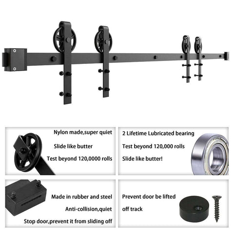 Heavy Duty Sliding Barn Door Hardware Kit For Wood Doors Double Track With Big Spoke Wheel Rollers Black Powder Coated Steel