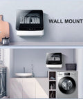 Slick Tabletop Dishwasher With Built In Water Tank And Clear Glass Front mounted on wall, showcasing sleek design and smart cycle options.