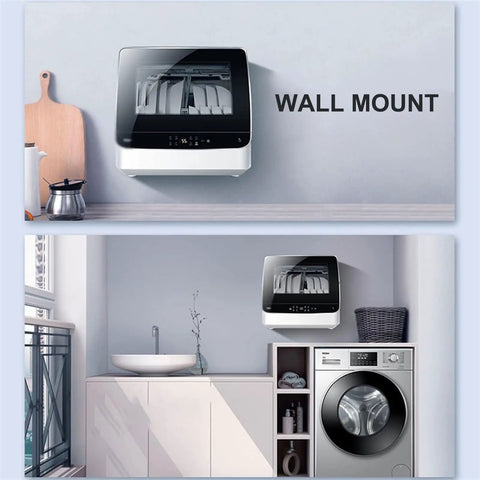Slick Tabletop Dishwasher With Built In Water Tank And Clear Glass Front mounted on wall, showcasing sleek design and smart cycle options.