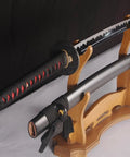 Handmade Practice Katana For Iaido Training Full Tang Sharp Blade Japanese Samurai Sword on wooden display stand