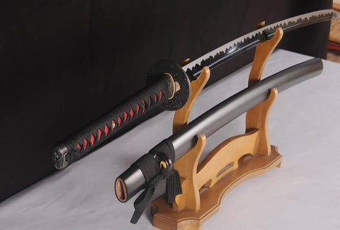 Handmade Practice Katana For Iaido Training Full Tang Sharp Blade Japanese Samurai Sword on wooden display stand