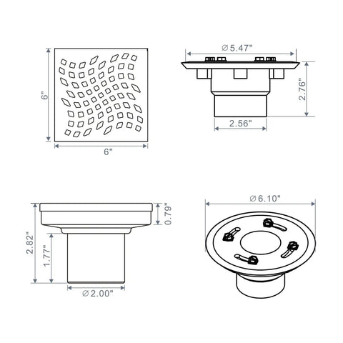 Technical diagram of Gold Brushed Square Shower Drain With Flange 6 Inch Stainless Steel 304 Floor Drain for Shower details.