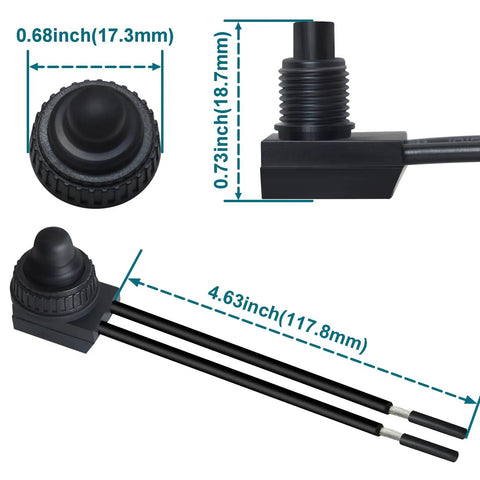 2 Pack 12V Waterproof Push Button Switch On Off SPST Push On Push Off Latching Button Switch With Copper Contacts And Sealed Housing Heavy Duty Automotive Marine Grade Replacement, 10mm, 117.8mm lead