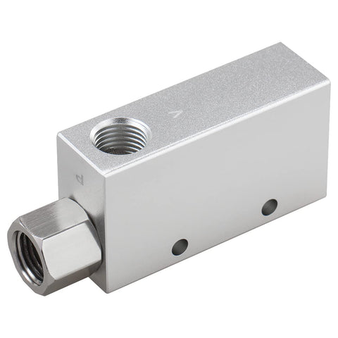 Front view of Baomain CV-15HS vacuum ejector pneumatic fitting; aluminum block with 1/4 in PT female thread
