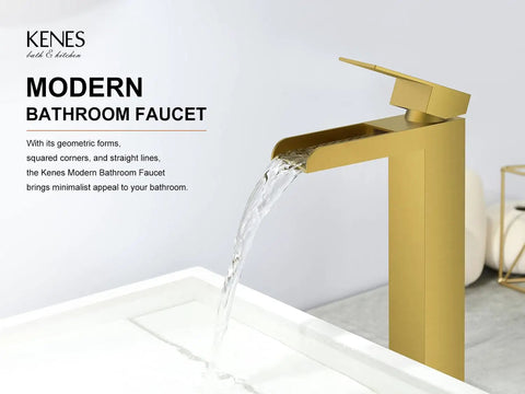 Gold Vessel Sink Faucet Brushed Gold Tall Waterfall Bathroom Vanity Faucet with single handle and steady water flow