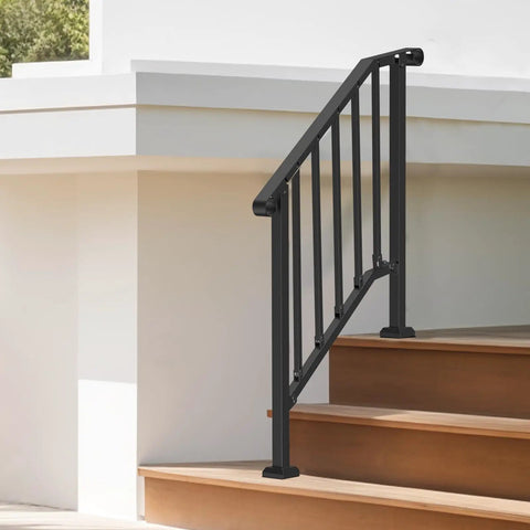 Heavy Duty Carbon Steel Outdoor Stair Handrail Kit Featuring Classic Retro Arch Design, black finish on wooden stairs.